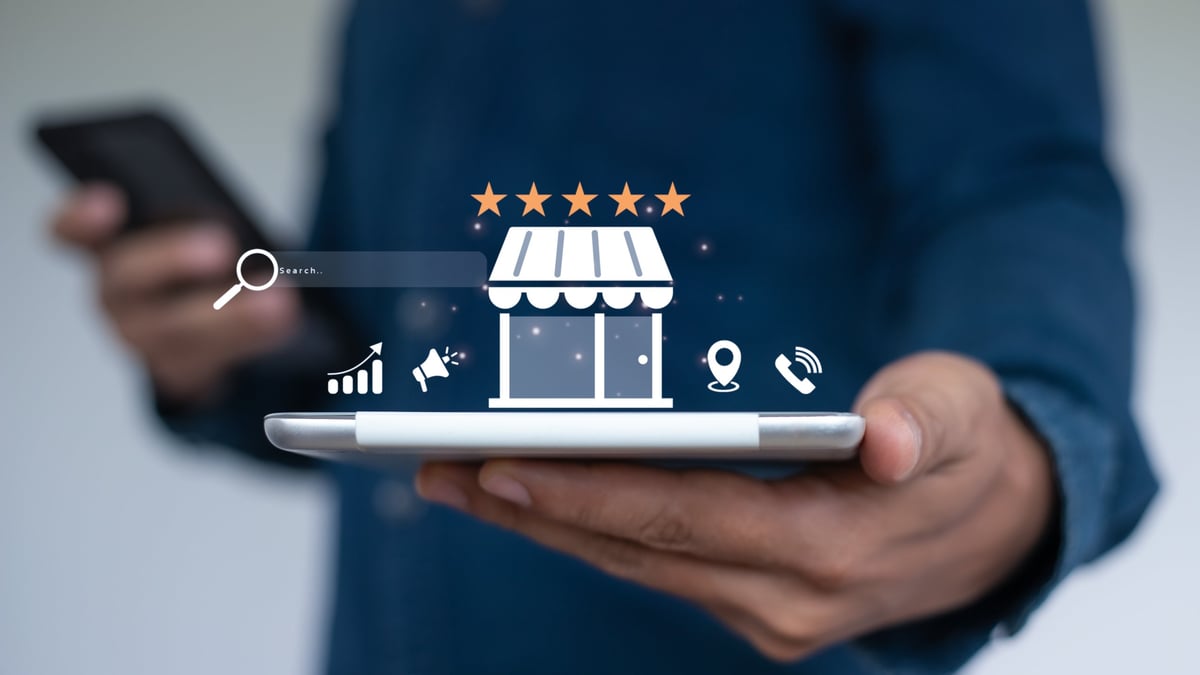 Phone showing a local business listing with reviews